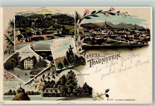 83278 W8220 Traunstein , Oberbay 1903 Lithographie Spatz Mädchen Pension Bad Empfing Hohes Kreuz Traunstein