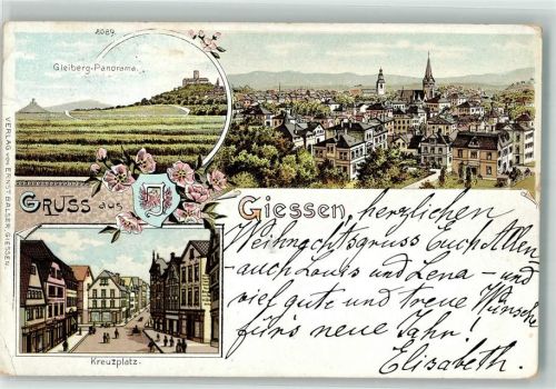 35390 W6300 Gießen , Lahn 1907 Lithographie Gleiberg Kreuzplatz
