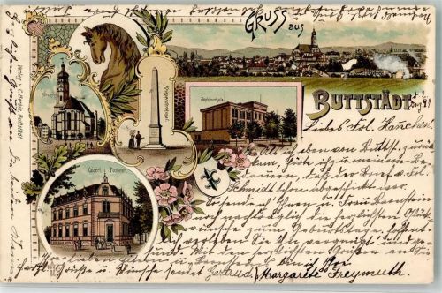 Buttstädt 1897 Pferdekopf Kaiserl. Postamt Sophienschule Kriegerdenkmal Lithographie