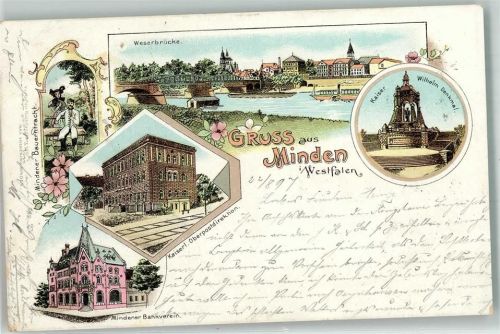 Minden 1897 Trachtenpaar Weserbrücke Kaiser Wilhelm Denkmal Kaiserl. Oberpostdirektion