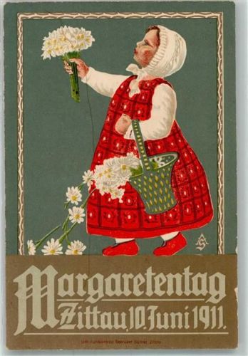 Zittau 1911 Lithographie Margaretentag 1911 Blumenmädchen