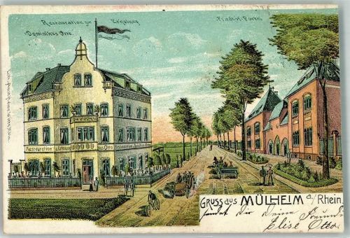 Mülheim Lithographie Gasthaus zur Erholung Friedhof Auto Fahrrad Kutsche beschnitten
