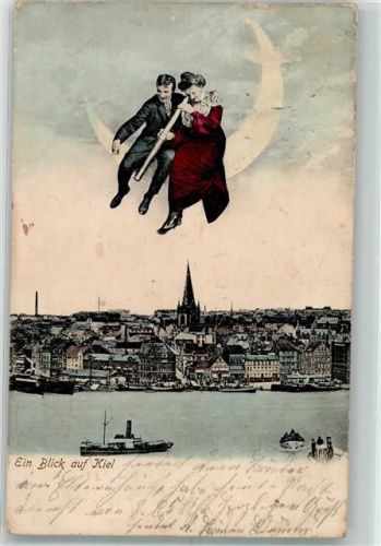 Kiel 1904 Fliegendes Paar auf Mondsichel Kieler Bucht