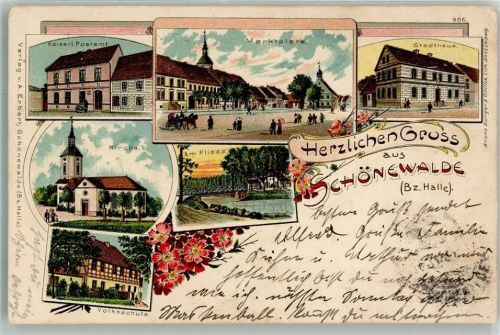 04916 O7901 Schönewalde b Herzberg, Elster 1905 Lithographie Postamt Marktplatz Am Fliess Volksschule