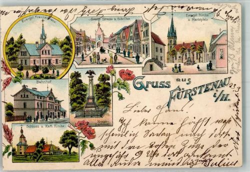 38159 W3303 Fürstenau , Kr Peine 1900 Gebrauchsspuren Bahnhof Kriegerdenkmal Ev. Krankenhaus Große Straße Hohe Tor Lithographie beschnitten