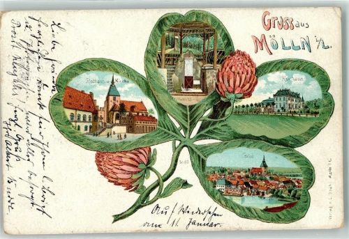 Mölln 1903 Efeu Rathaus Kirche Hermann's Quelle Kurhaus Bahnpost Lübeck-Lüneburg Zg. 11
