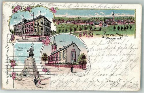 Sprendlingen 1901 Lithographie Schule Kriegerdenkmal Kirche