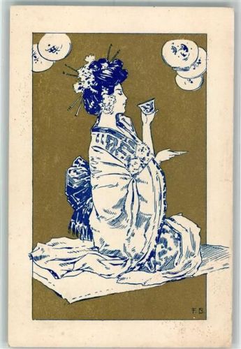 1904 sign. F.B. Japanische Frau im Kimono zelebriert das Teeritual unter Lampions Künstlerkarte B.K.W.I. 560-6