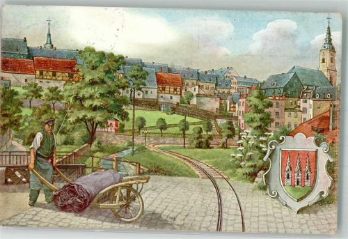 Kirchberg 1910 Heimatfest Kirchberg Mann Schubkarre Bahngleis Stadtwappen sign. Erfler