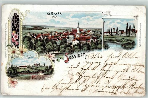 Seßlach 1899 Schloss Geyersberg Mühlgraben Kirche Blumen Gruss Lithographie