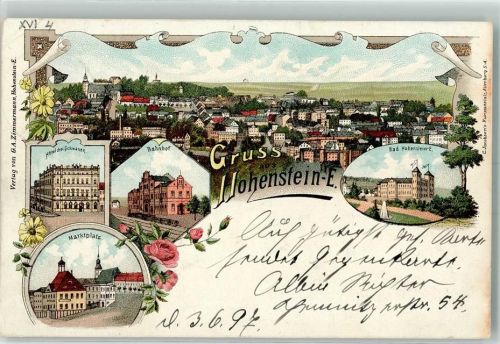 Hohenstein-Ernstthal 1897 Hotel drei Schwanen Bahnhof Marktplatz Lithographie