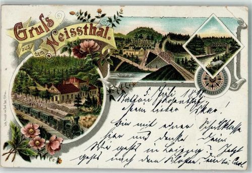 Löbau 1898 Lithographie Gasthaus Neisstal Eisenbahn
