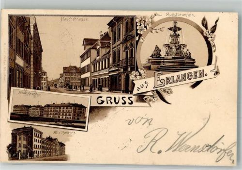 Erlangen 1897 Kunstbrunnen Alte und Neue Kaserne Hauptstraße