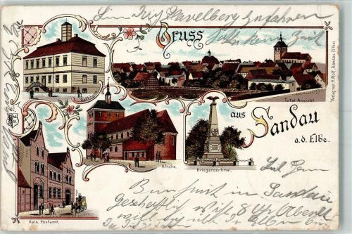 39524 O3521 Sandau Elbe 1899 Gebrauchsspuren Rathaus Kaiserl. Post Kirche Kriegerdenkmal Lithographie