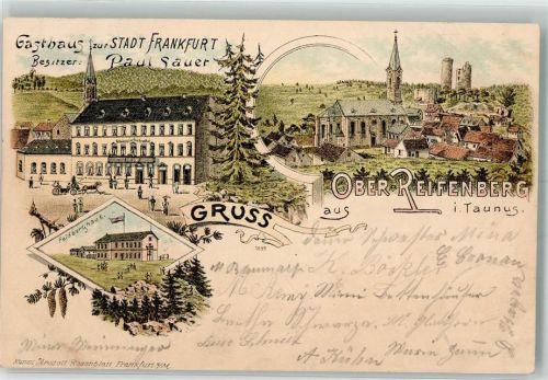 61389 W6384 Oberreifenberg , Taunus 1901 Gebrauchsspuren Feldberghaus Gasthaus zur Stadt Frankfurt Burgruine Lithographie Eckbug