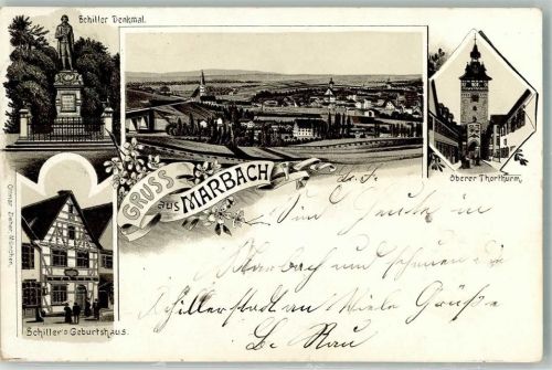 Marbach 1900 Verläufer Druck um 1890 Schiller Denkmal Schiller's Geburtshaus Oberer Torturm