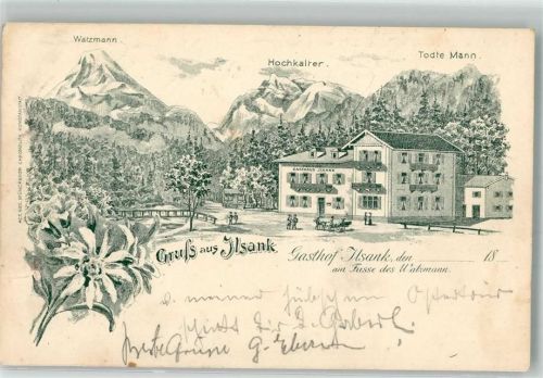 Bischofswiesen Verläufer Druck um 1890 Ilsank Gasthaus Ilsank Watzmann Hochkalter Todte Mann