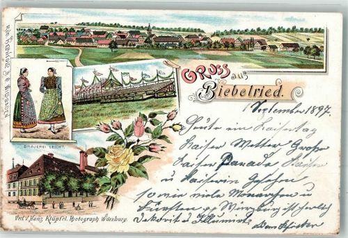 97318 W8710 Biebelried 1897 Gebrauchsspuren Lithographie Tribüne b. d. Kaiserparade Volkstracht Brauerei Leicht Rosen Erh. II-Bug