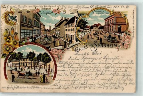 Cernay 1915 Langestraße u. Ev. Kirche Bahnhof u. Gasthaus Meyerhof Johannesplatz