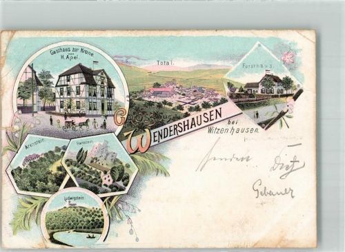Wendershausen Lithographie Forsthaus Ludwigstein Arenstein Gasthaus zur Krone Bahnpost Berlin-Kassel