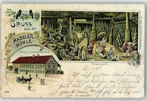79686 W7861 Hasel 1900 Lithographie Raben Haseler Höhle Fürstengruft Zwerge Gasthaus zur Erdmannshöhle