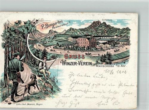 Mayschoß 1900 Lithograpie Winzer-Verein Jäger Jagdhund Angler Gasthaus Bungarten