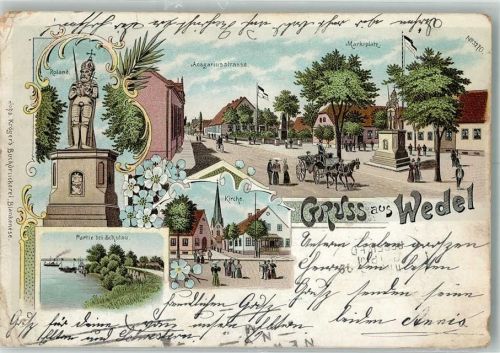 Wedel 1899 Lithograpie Roland-Statue Marktplatz Ansgariusstraße