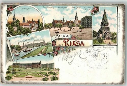 Riesa 1897 Elbbrücke Neue Ev. Kirche Altes Kloster Rathaus Bürgerschule Bahnpost Leipzig- Zg. 116