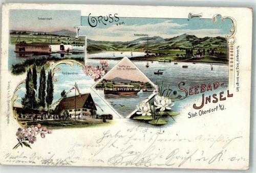 Oberdorf 1899 Schwimmbad Gasthaus See Seerosen Stempel Seebad Insel