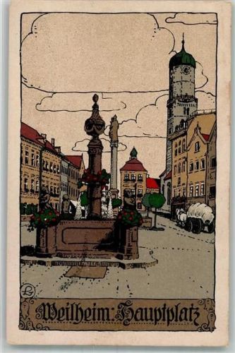 Weilheim Hauptplatz Marktbrunnen Kirche St. Maria Himmelfahrt Mariensäule