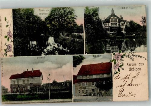 04895 O7901 Uebigau , Elster 1905 - Am Neugraben Bahnhof Schloss Rathaus Bahnpost Halle-Possen Zug 507