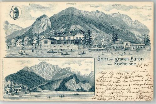 Kochel 1899 Verläufer Druck um 1890 Posthilfstelle Kochel Kochelsee Gasthaus zum grauen Bären Alpen
