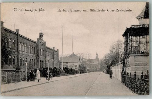 Oldenburg 1910 Herbart Straße u. Städtische Ober-Realschule Fahrrad Pickelhaube