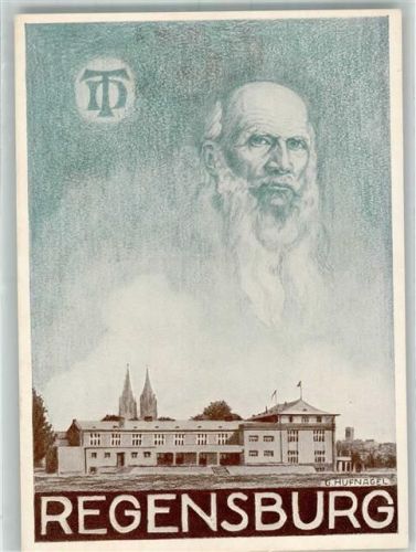 Regensburg Jahnturnhalle Jahn-Portrait von G. Hufnagel Stempel Regensburger Turnerschaft
