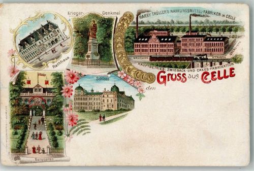 Celle 1898 Lithographie Rathaus Kriegerdenkmal Berggarten Harry Trüller's Nahrungsmittel-Fabriken Celler Schloß