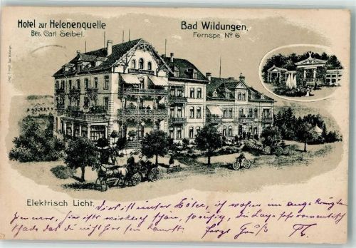 Bad Wildungen Hotel zur Helenenquelle Kutsche Radfahrer Zeichnung