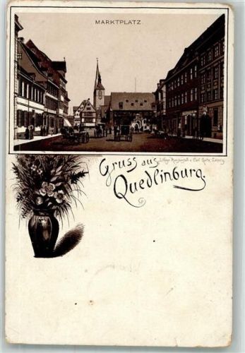 Quedlinburg Verläufer Druck 1890 - 95 Marktplatz Blumenvase
