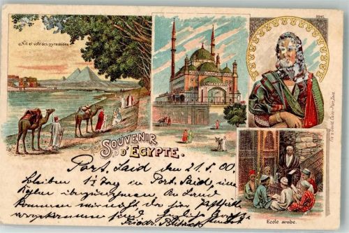 Port Said 1900 Lithographie Tracht Moschee Kamel Pyramiden Ort lt. Stempel