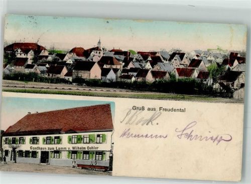 Freudental 1912 Bahn-Post K. Württ. 19.II.12 Z. 334 ST Gasthaus zum Lamm