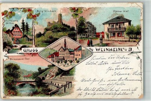 Weinheim 1900 Lithographie Fuch'sche Mühle Birkenauer Tal Burg Windeck Pfälzer Hof