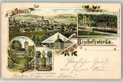Bischofswerda 1898 Rathaus Butterberg Denkmal Friedrich August d. Gerechte Bahnpost Dresden-Breslau Zug 647
