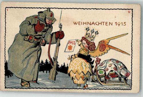 1916 WK I Weihnachten 1915 Soldat Engel mit Pass + Schlitten