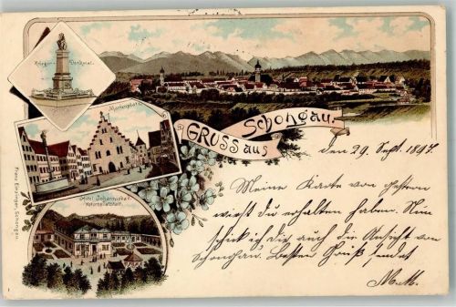 86956 W8920 Schongau 1897 Lithographie Marienplatz Kriegerdenkmal Hotel Johannisbad
