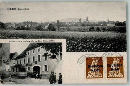 76829 W6740 Nußdorf , Pfalz 1921 Gebrauchsspuren Gasthaus zum weißen Löwen Straßenbahn Inflationsporto