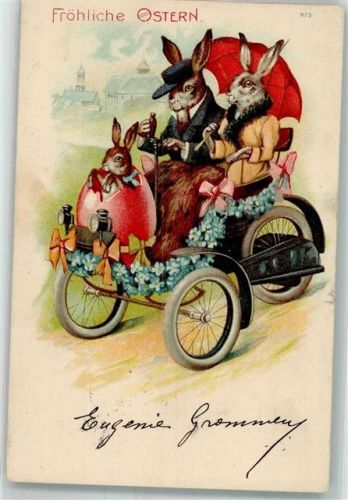1901 Hasen vermenschlicht im Automobil Vergissmeinnicht
