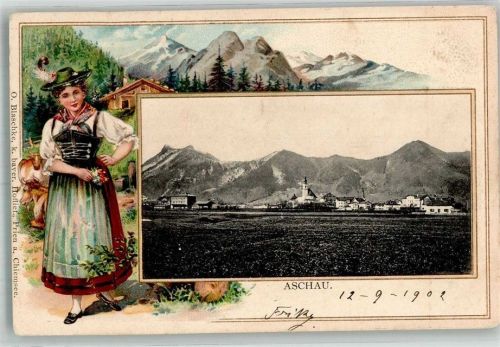 Aschau 1902 Aschau Trachten Bauernmädchen Alm Kühe Passepartout