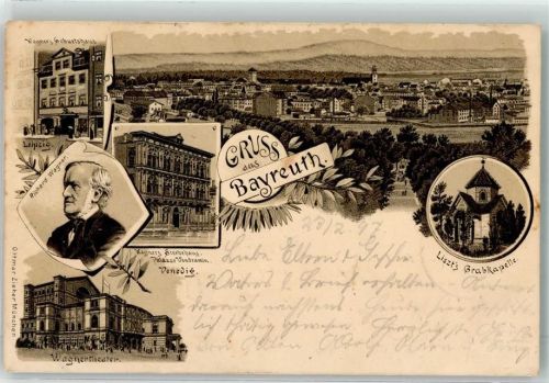 95444 W8580 Bayreuth 1897 Lithographie Wagners Geburtshaus Richard Wagner Wagnertheater Wagners Sterbehaus Palazzo Vendramin Venedig Liszts Grabkapelle