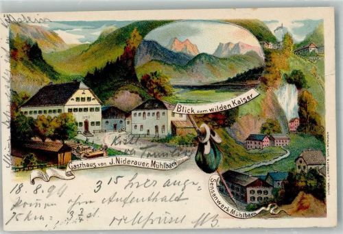 Mühlbach 1899 Adelskorrespondenz Lithographie Wilder Kaiser Gasthaus Niderauer Sensenwerk