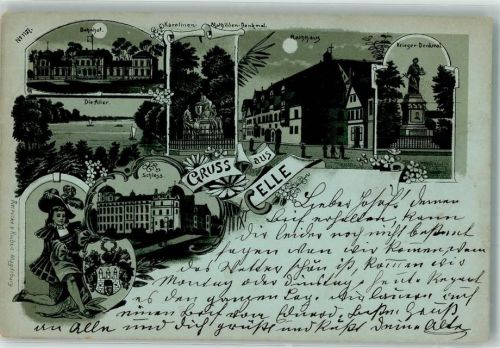 Celle 1898 Bahnhof Rathaus Kriegerdenkmal Schloss bei Nacht