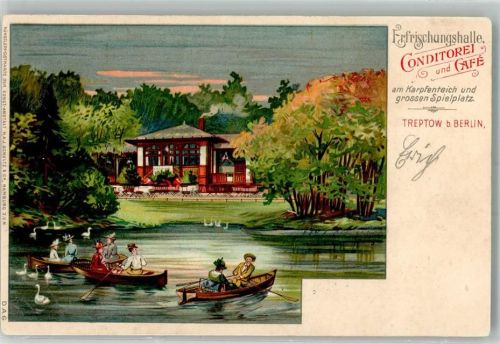 Treptow 1905 Konditorei-Cafe Erfrischungshalle Karpfenteich Schwäne Ruderboote